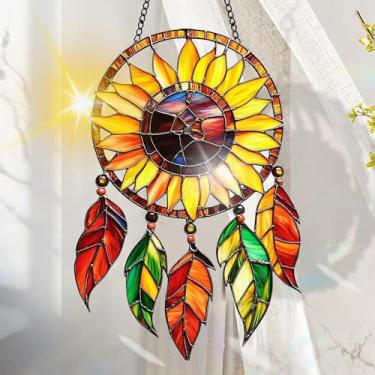 Imagem de Suncatcher acrílico colorido, decoração de janela suspensa de girassol com design de vitral impresso, apanhador de sol, arte de parede de arco-íris, ideia de presente e ornamento de jardim, uso