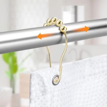 Imagem de Conjunto de ganchos de cortina de chuveiro de banheiro de 12 peças - Design de rolo de cinco bolas para deslizamento suave, acabamento cromado polido, ganchos de metal para varões e forros de cortina.