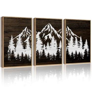 Imagem de PHOPAGO Arte de parede emoldurada de montanhas árvore grande 40,6 x 61 cm Boho floresta natureza paisagem pinturas morden country xilogravura madeira decoração de parede rústica decoração de casa