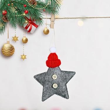 Imagem de 1 peça enfeite de pendurar estrela de tecido não tecido de Natal fofo chapéu de malha pentagrama pingente decorativo de Natal decoração de casa festiva, cinza