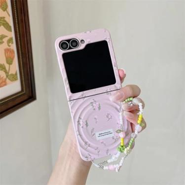 Imagem de Capa para Galaxy Z Flip6, capa magnética com estampa de flor pequena e fofa, com suporte de laço e corrente (para Galaxy Z Flip6/capa com corrente)