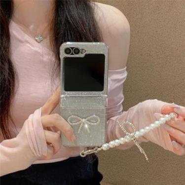 Imagem de Capa para Galaxy Z Flip6, transparente, com glitter, laço fofo, espelhada, com dobradiça, compartimento para cartão e corrente (para Galaxy Z Flip6/com laço de corrente)