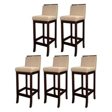 Imagem de Kit 5 Banquetas Média com Encosto Turim Madeira Capuccino Linho Bege CCS