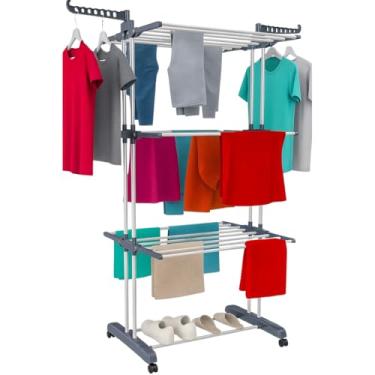 Imagem de Varal de Chão Dobrável 3 Andares com Rodinhas e Abas Laterais – Estrutura em Aço Antiferrugem, Suporta 48kg e Ideal para Apartamentos