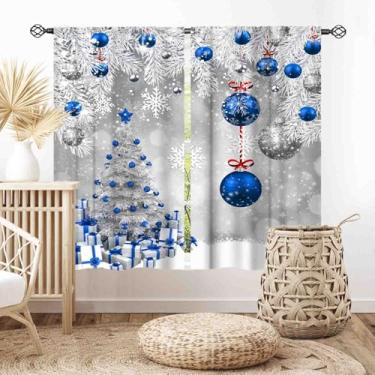 Imagem de Cortinas de Natal para sala de estar, árvore de Natal Feliz Natal Abeto Galhos Bola Ano Novo Inverno Neve Decoração de Festa Prata Azul Cortina de Janela para Quarto, Cozinha, Banheiro, Berçário, Casa