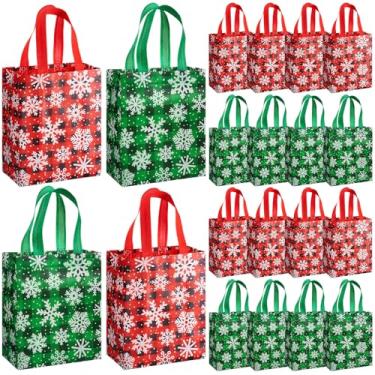 Imagem de Wovnet 30 peças de sacos de Natal a granel floco de neve xadrez para mercadorias de inverno sacos de presente com alças reutilizável não tecido sacola de compras para lembrancinhas de festa de Natal
