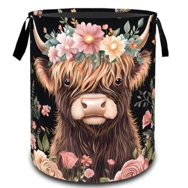 Imagem de VODRM Cesta de roupa suja floral de vaca Highland, cesto organizador de brinquedos para crianças e adultos, cesto de armazenamento impermeável de tecido Oxford para quarto, banheiro, decoração de casa