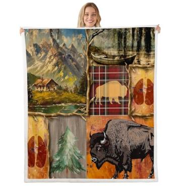 Imagem de Feelyou Cobertor Buffalo Sherpa solteiro 152 x 203 cm cobertor de lã de bisão americano selvagem para cama sofá crianças 3D animal selvagem rústico cabana fazenda cobertor de pelúcia xadrez felpudo