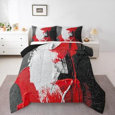 Imagem de Feelyou Conjunto de edredom abstrato para adultos, tamanho Queen, simples, moderno, geométrico, para crianças, meninos, meninas, cinza, branco, preto, vermelho, edredom para decoração de quarto de