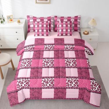 Imagem de Feelyou Conjunto de edredom com estampa de zebra de leopardo rosa com 7 peças, Queen, com estampa de animais em patchwork, para crianças, meninos, meninas, guepardo e leopardo, microfibra leve e macia