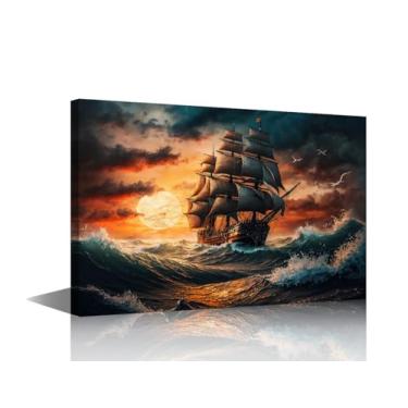 Imagem de Arte de parede em tela para quarto pinturas de parede de navio pirata para sala de estar fantasia barco pôr do sol vela em uma tempestade escritório arte de parede moderna imagens de cenário impressão