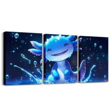 Imagem de Feelyou Linda arte de parede em tela Axolotl 30,5 cm x 40,6 cm x 3 peças para sala de estar quarto Kawaii desenho animado salamandra oceano vida marinha réptil imagem animal decoração de parede azul