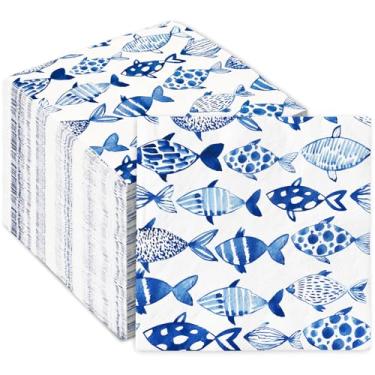 Imagem de Guardanapos de papel para peixes do oceano, 50 peças, descartáveis, azul, aquarela, peixe, almoço, jantar, guardanapos para chá de bebê, chá de bebê, suprimentos de mesa para festa no mar