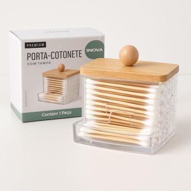 Imagem de Porta Cotonetes Em Acrilico Cristal Com Bandeja e Tampa de Bambu - Ino