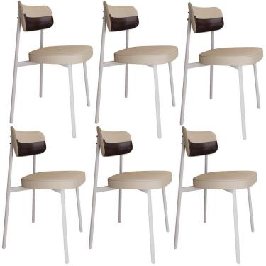 Imagem de Kit 06 Cadeiras Estofada Para Sala De Jantar Astrid Branco C01 Linho Areia Courino Café - Lyam Decor