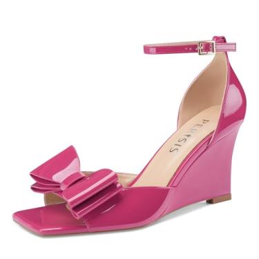Imagem de Perisis Sandálias femininas de salto com laço aberto, bico quadrado, plataforma, sapatos femininos confortáveis e elegantes para mulheres, Patente rosa choque, 38
