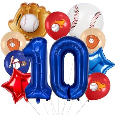 Imagem de Zailo Número de balões grandes com tema de beisebol de 81 cm, números de 0 a 9, suprimentos para aniversários, azul marinho, vermelho e branco, artigos de festa esportiva, conjunto de arco decorativo