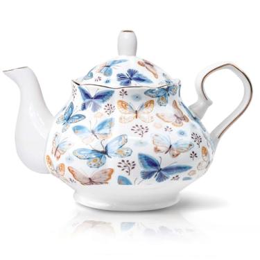 Imagem de HOMSUN Bule de chá grande de porcelana de 978 ml, bule de chá de cerâmica, borboleta, floral, bule de chá, para florescer folhas soltas, chá, café, leite, Natal, presente feminino, inauguração de casa