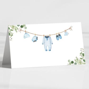 Imagem de Pacote com 120 cartões de lugar de roupas, cartões de visita dobráveis de 8,9 cm x 5 cm, etiquetas de alimentos para roupas azuis, chá de bebê, festa de aniversário, recepção, mesas