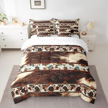 Imagem de Feelyou Conjunto de edredom ocidental com 7 peças, solteiro, estampa de vaca bovino, retrô, boêmio, rústico, casa de fazenda, decoração de quarto geométrico, exótico, marrom e bege