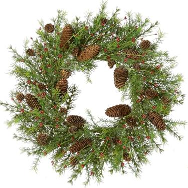 Imagem de Guirlanda de Natal artificial de 55 cm para porta da frente com agulhas de pinheiro, pinhas vermelhas, decorações de Natal para inverno, casa de fazenda, parede, ambientes internos e externos