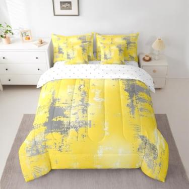 Imagem de Feelyou Conjunto de edredom completo abstrato com 7 peças de arte abstrata moderna, amarelo e cinza, para decoração de quarto, geométrico, macio e leve em microfibra