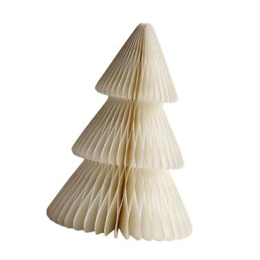 Imagem de oshhni Decoração de árvore de Natal de papel, enfeite de mesa, artesanato colecionável, estátua de árvore de Natal, decoração de mesa de Natal para festa, Bege 15 Cm