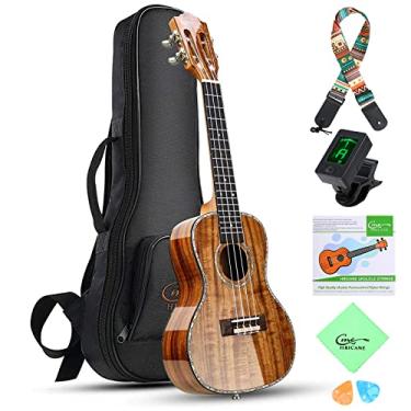 Imagem de Hricane Kit de ukulele de acácia sólida Koa de 58 cm, acabamento brilhante com bolsa, sintonizador digital, alça, conjunto de 4 cordas e palheta
