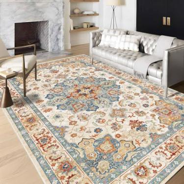 Imagem de Enkor Tapetes macios de área, 15 x 23 cm, lavável, antiderrapante, boho, para sala de estar, quarto, estilo vintage, tapete de casa de fazenda para entrada de cozinha, laranja e bege