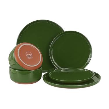 Imagem de GZG Série de arte moderna - 6 peças de pratos e tigelas de grés salpicado, conjunto de louça de cerâmica com terracota rústica na parte inferior, para micro-ondas e lava-louças, conjunto de pratos