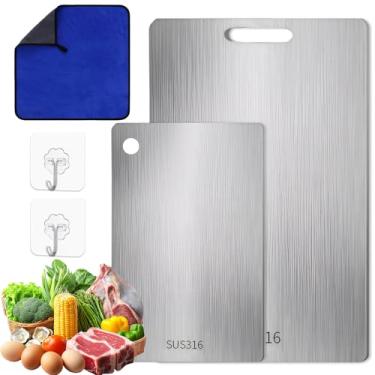 Imagem de Tábua de corte de aço inoxidável de 2 peças, feita de aço inoxidável 316, com ganchos e lenços, para cortar carne, frutas e legumes (34 * 23 cm + 25 * 15 cm)