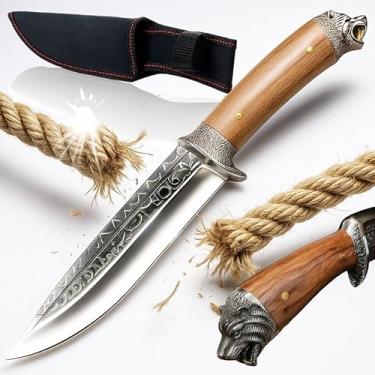 Imagem de Faca Tática Artesanal Lobo Lâmina Bowie Cabo Madeira Ébano Gravação Tribal Camping Caça Pesca Sobrevivência Afiada Com Coldre