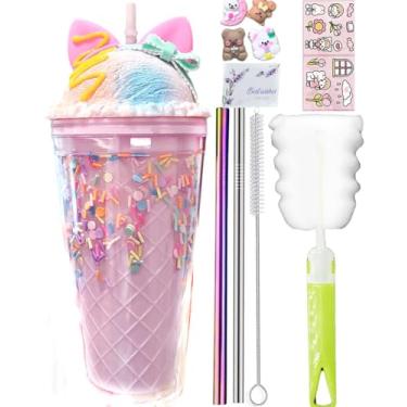 Imagem de Copos de viagem de unicórnio de chocolate com canudos, sorvete, coelhinho, garrafa de água, orelha de biscoito, caneca de café, copo de plástico reutilizável, presente de aniversário (gato chocolate