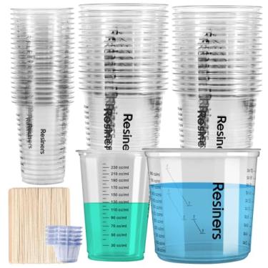 Imagem de Kit de copos de mistura de resina, copos medidores descartáveis de 50 peças com 30 x 590 ml e 20 x 227 g de tamanhos duplos, 50 copos de mistura, 50 varas de madeira, copo de plástico transparente