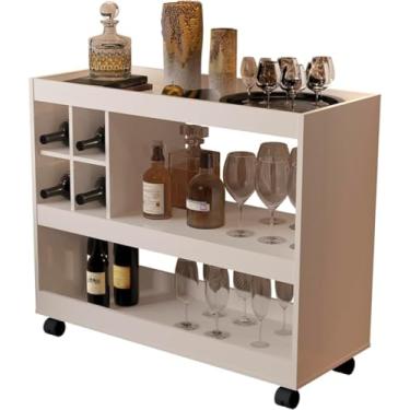 Imagem de Adega Móvel Branca com Rodízios, Bar Moderno para Vinhos e Bebidas, 90cm, Prateleiras Organizadoras, Porta Taças