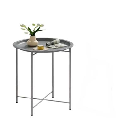 Imagem de Mesinha Lateral Para Sala, Mesa de Canto Dobrável com Pés de Metal, Mesa Redonda Lateral com Bandeja Removível - 47x47x50CM(Cinza)