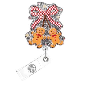 Imagem de Carretel de crachá de laço de Natal, crachá de acrílico fofo de homem de gengibre para crachá de identificação, suporte de crachá retrátil telescópico engraçado acessórios de clipe de jacaré para