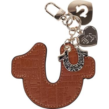 Imagem de True Religion Berloque de bolsa de ferradura em relevo, chaveiro dourado com pingente de coração e detalhe de logotipo, conhaque
