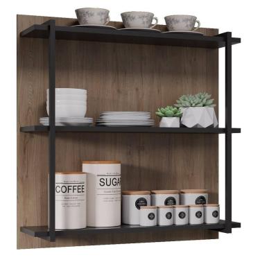 Imagem de Prateleira Industrial Cozinha Tripla Com Painel Flora Z34 Freijó/preto - Mpozenato
