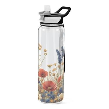 Imagem de ATTX Garrafa de água vintage de flores silvestres, 947 ml, à prova de vazamento e livre de BPA, garrafas de água reutilizáveis de plástico Tritan para viagem, academia, corrida #223