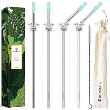 Imagem de Homestia Pacote com 4 canudos de metal reutilizáveis de aço inoxidável, 2 canudos retos + 2 canudos de metal dobrados de 26,7 cm com 1 escova de limpeza, canudo compatível com copo Stanley de 567 g
