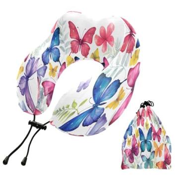 Imagem de CEBUGI Travesseiros de viagem portáteis em forma de U, travesseiro de pescoço de espuma viscoelástica com trava de corda ajustável para avião, viagem, trem, negócios, escritório, soneca (borboletas)