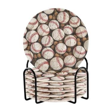 Imagem de Wassud Porta-copos com suporte de bolas de beisebol lisas conjunto de porta-copos de tecido absorvente para decoração de casa, proteção de mesa, 6 peças