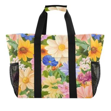 Imagem de Wassud Sacolas reutilizáveis de mercearia com estampa floral, grande, bolsa organizadora de lona à prova d'água para praia, piquenique, lavanderia, viagem