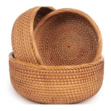 Imagem de Conjunto de 3 cestas de pão de vime natural, cesta de frutas tecida à mão, tigela de vime para frutas, lanches, organizador de balcão de cozinha, redonda, amarela