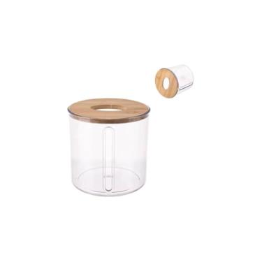 Imagem de Porta Lenço de Papel Redondo com Tampa de Bambu, Transparente, Acrílico e MDF, 13cm x 13,5cm, Multifuncional, Design Moderno
