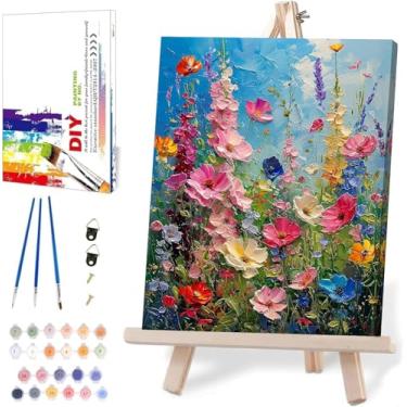 Imagem de Kits de pintura por números de flores silvestres para adultos com tela emoldurada - com cavalete de madeira, número de flores, pintura artística por número em tela, kits de pintura a óleo acrílica DIY