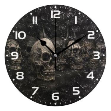 Imagem de JUZIHAI Relógio de parede de caveira preta de Halloween, silencioso, sem tique-taque, redondo, operado por bateria, fácil de ler, relógio decorativo de parede para casa, cozinha, sala de estar, quarto
