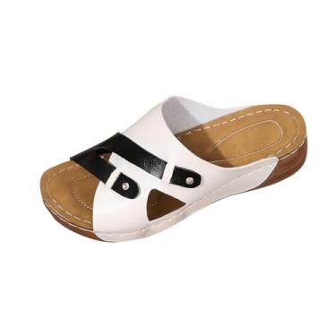 Imagem de Tênis feminino Roman Leisure Bow Step com salto cunha e combinação de cores para uso casual, adequado para uso diário ao ar livre e interno com material PU de salto de 4,5 cm, Branco, 36