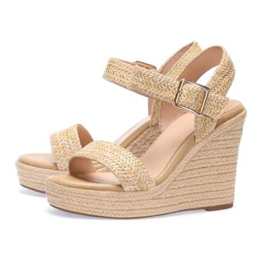 Imagem de VICKI·VICKI Sandálias femininas de verão, plataforma, anabela, tira no tornozelo, bico aberto, Apricot-lafite Grass, 36